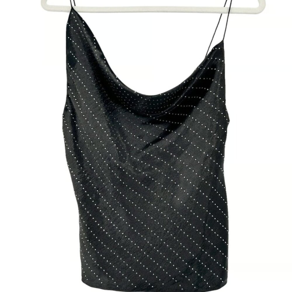 Womens Jewel Rhinestone Embellished Draped Satin Cami Tank Top Size M Black